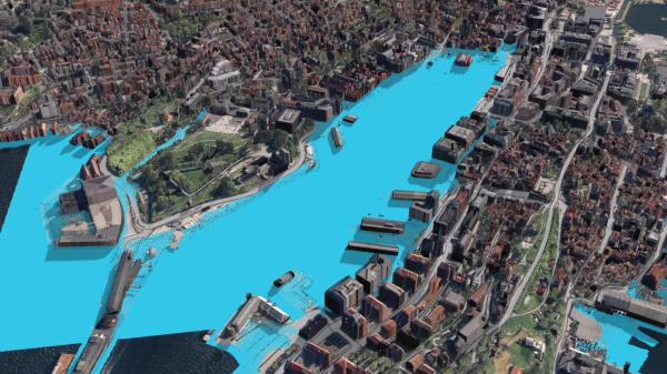 Modell over Bergen ved stormflo