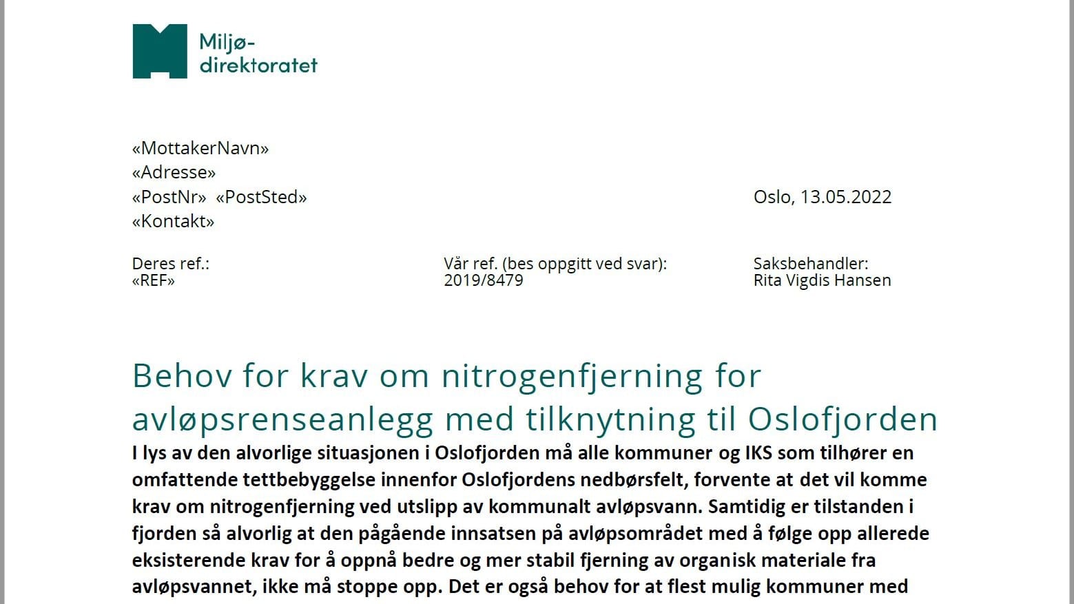 Faksimile brev fra Miljødirektoratet